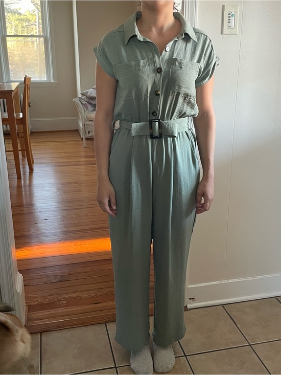 Monteau Pants - Monteau Sage Green Short-Sleeve Belted Jumpsuit
